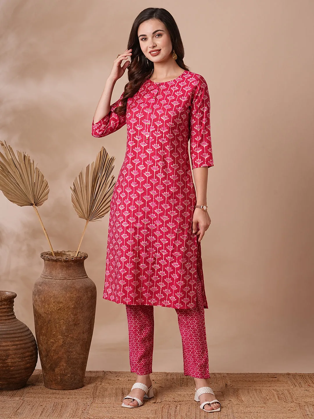 Ethnic Floral Foil Printed & Embroidered Straight Kurta with Pant - Magenta