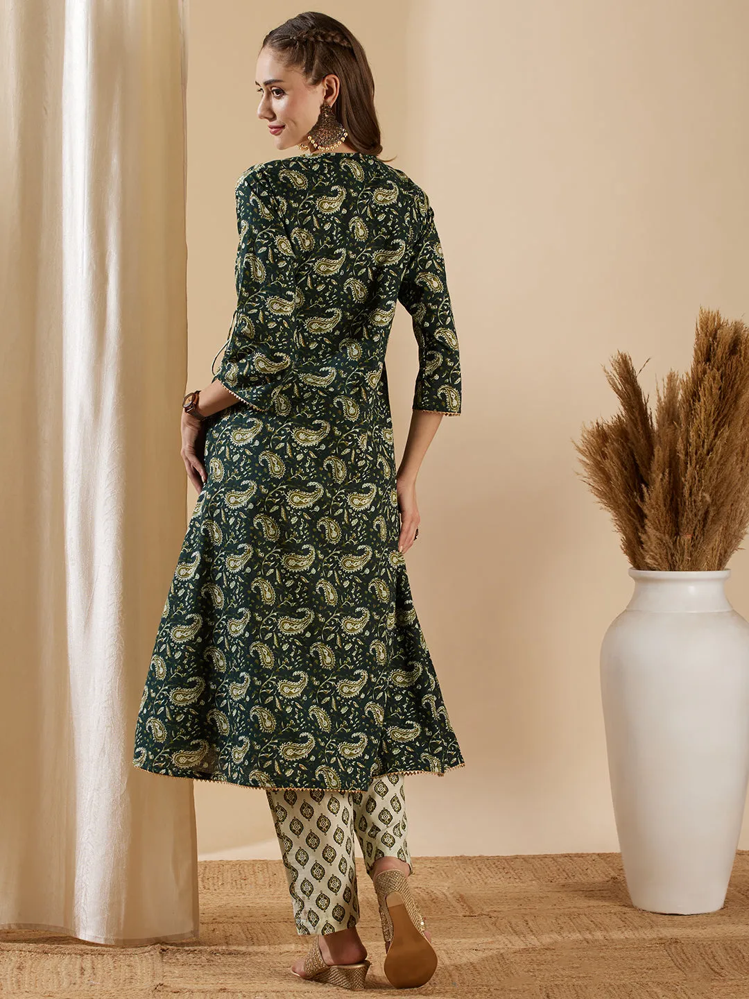 Ethnic Floral Paisley Printed Angrakha Kurta with Pant - Green