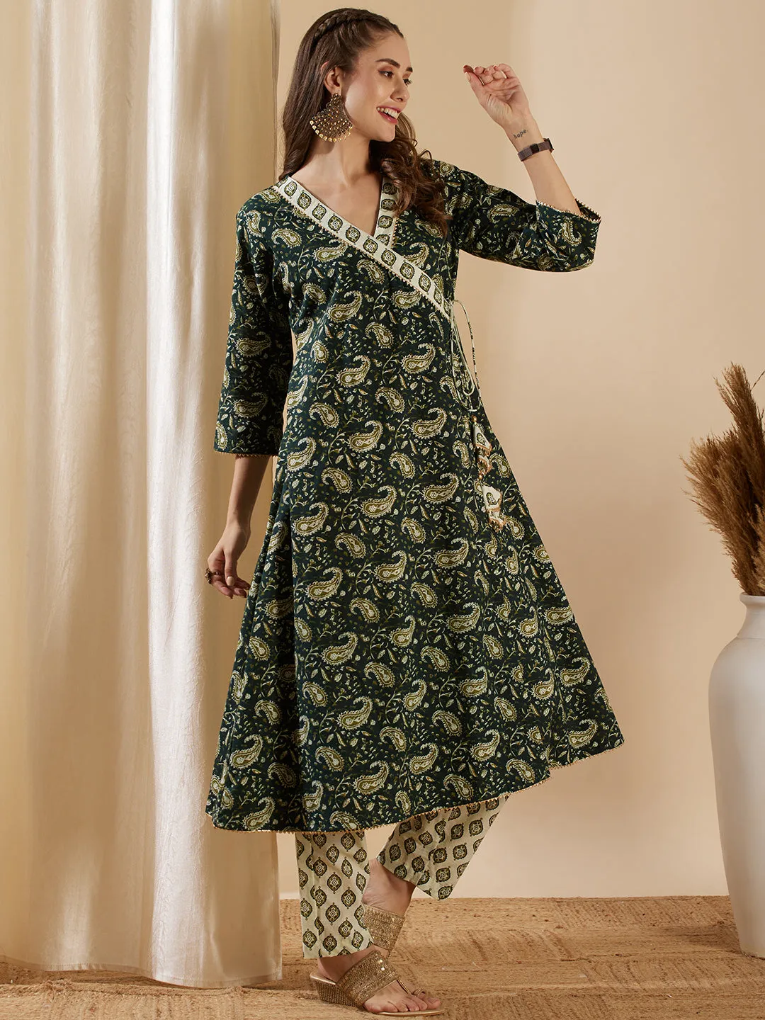 Ethnic Floral Paisley Printed Angrakha Kurta with Pant - Green