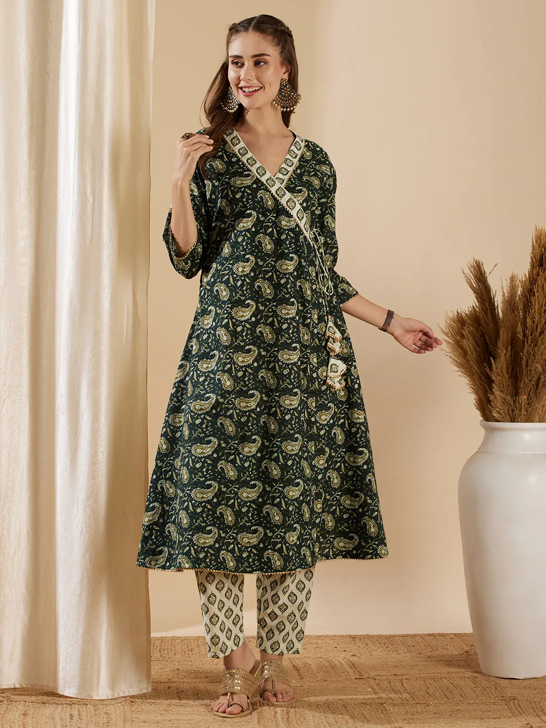 Ethnic Floral Paisley Printed Angrakha Kurta with Pant - Green