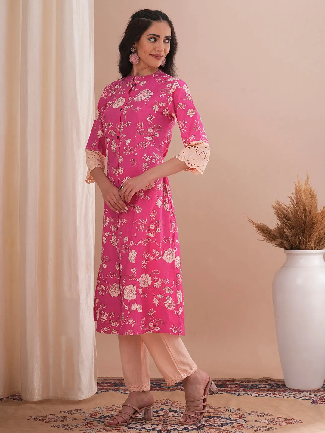 Ethnic Floral Printed A-Line Paneled Kurta with Pant - Pink