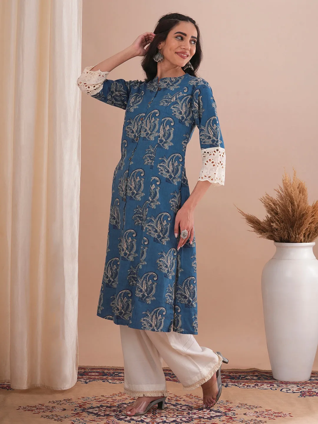 Ethnic Floral Printed A-Line Paneled Schiffli Patched Cotton Flax Kurta - Blue