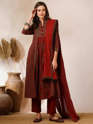 Ethnic Floral Printed A-Line Peated Kurta with Pant & Dupatta - Brown