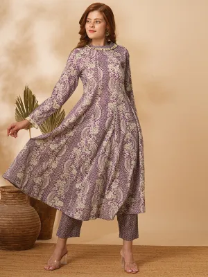 Ethnic Floral Printed & Coined Anarkali Flared Kurta with Pant - Purple