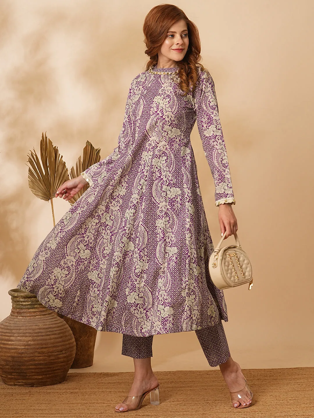 Ethnic Floral Printed & Coined Anarkali Flared Kurta with Pant - Purple