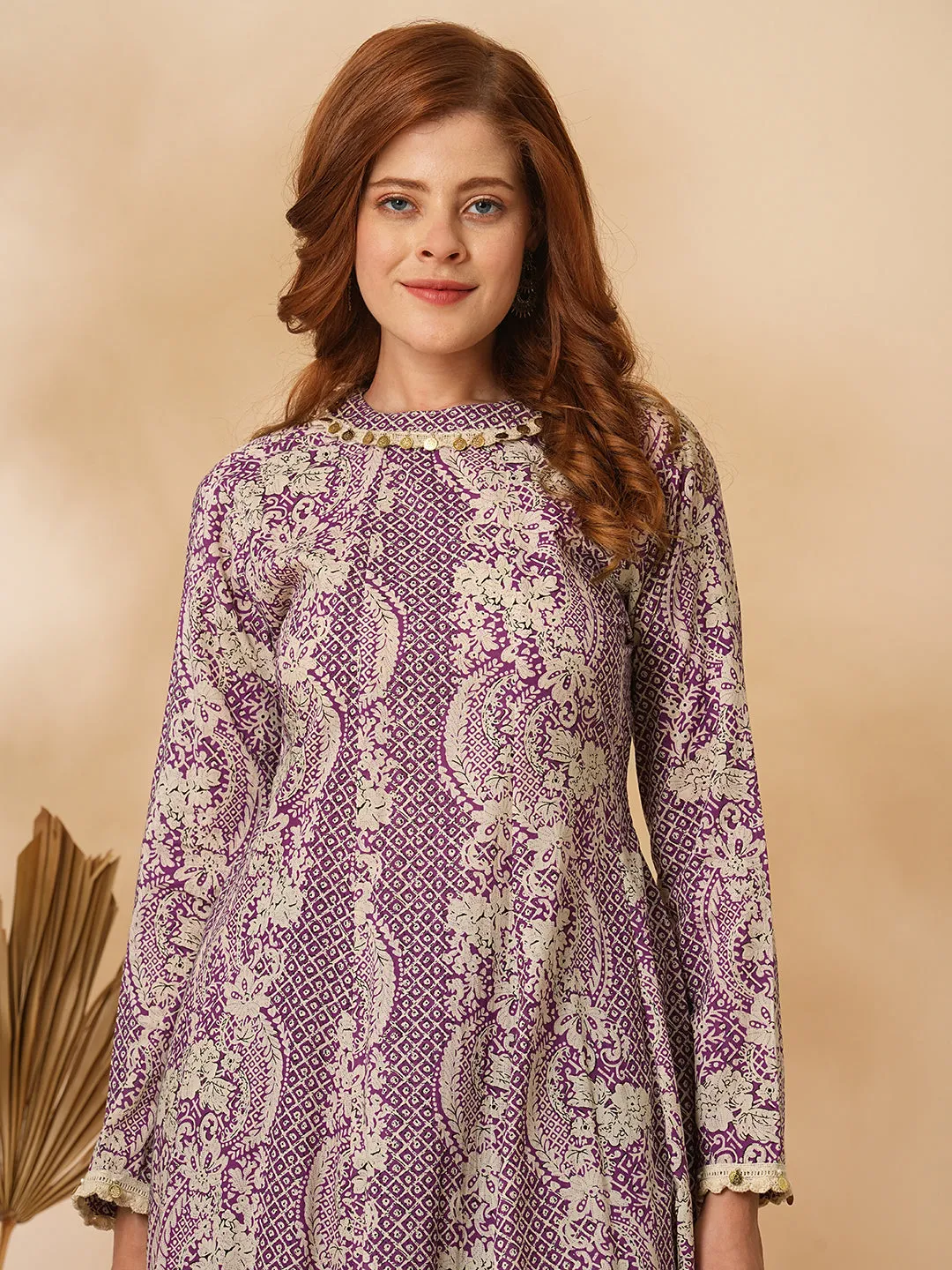 Ethnic Floral Printed & Coined Anarkali Flared Kurta with Pant - Purple