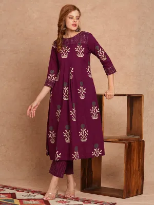 Ethnic Floral Printed & Embroidered A-Line Kurta with Pant - Burgundy