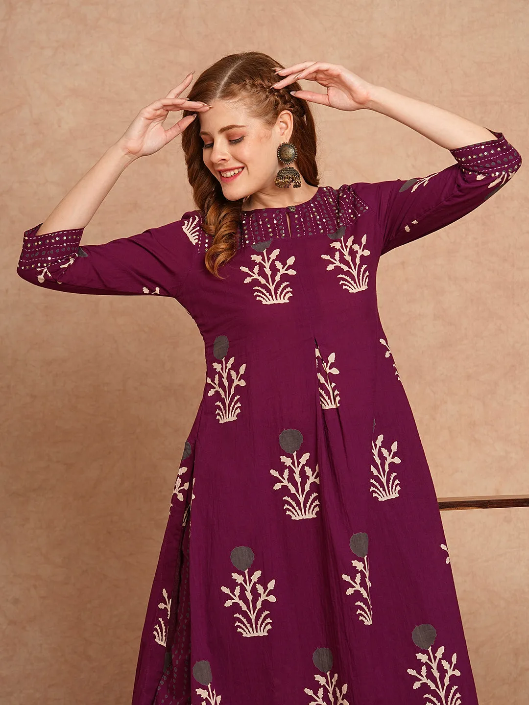 Ethnic Floral Printed & Embroidered A-Line Kurta with Pant - Burgundy