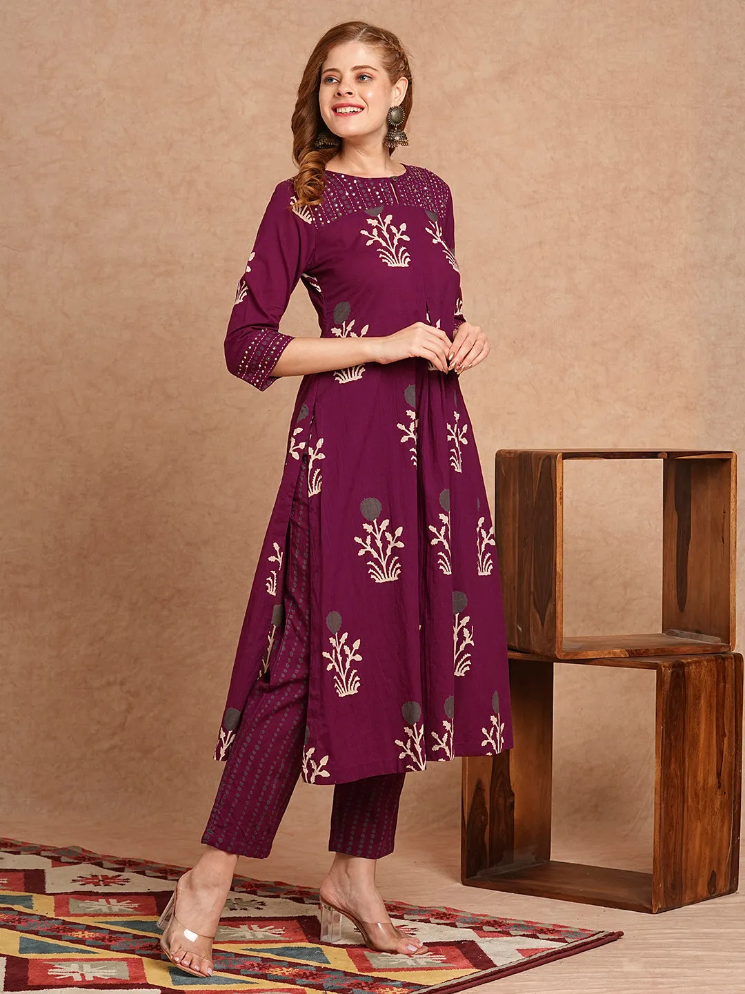 Ethnic Floral Printed & Embroidered A-Line Kurta with Pant - Burgundy