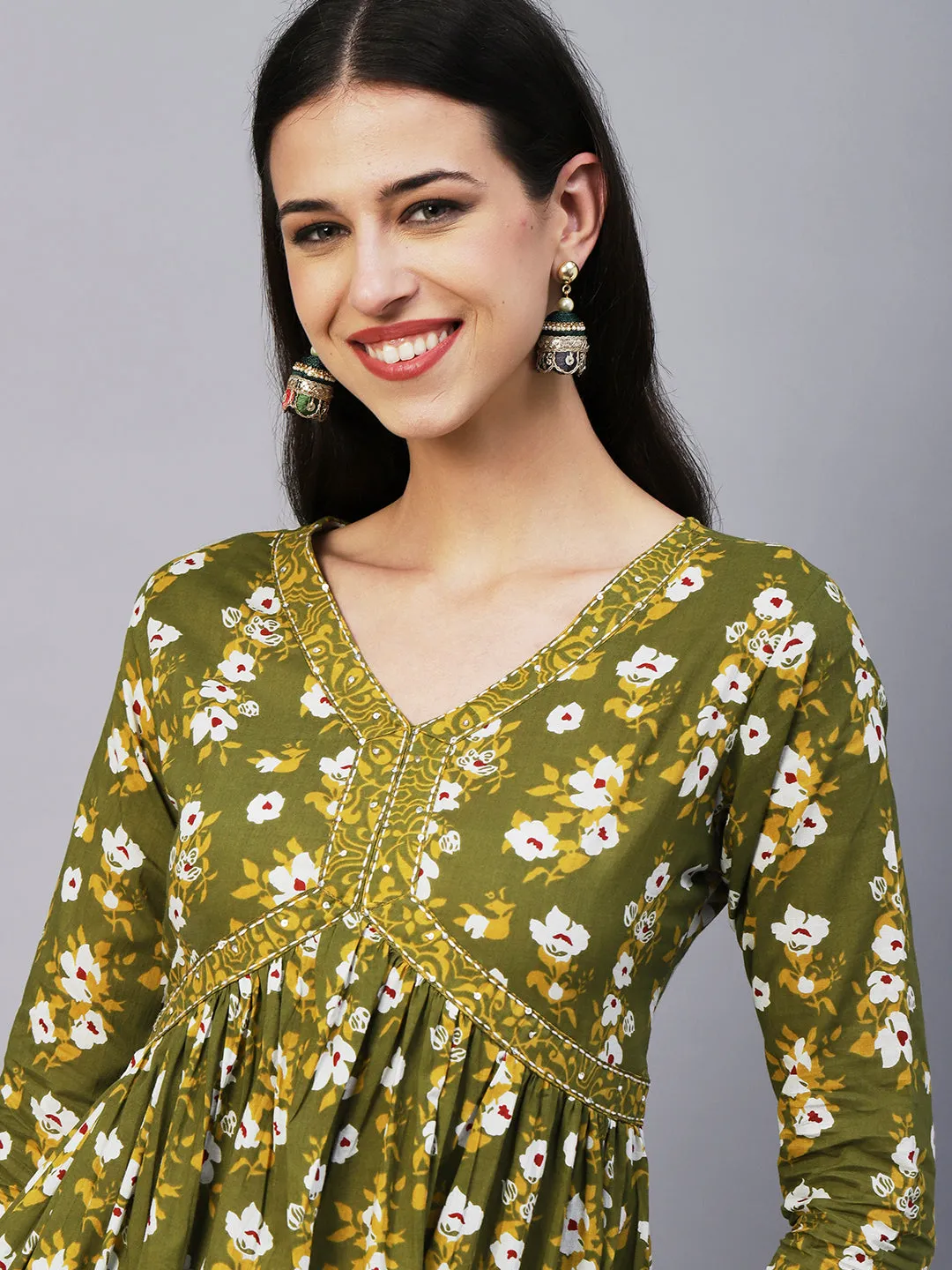 Ethnic Floral Printed & Embroidered A-Line Kurta with Pant - Green