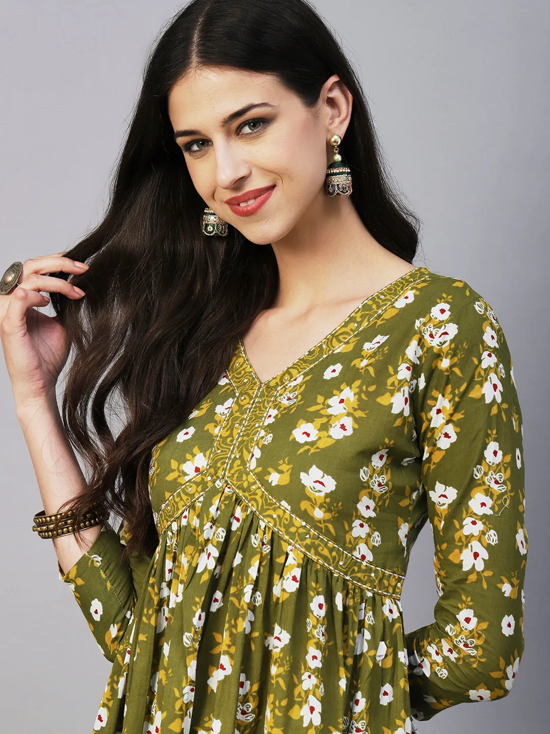 Ethnic Floral Printed & Embroidered A-Line Kurta with Pant - Green