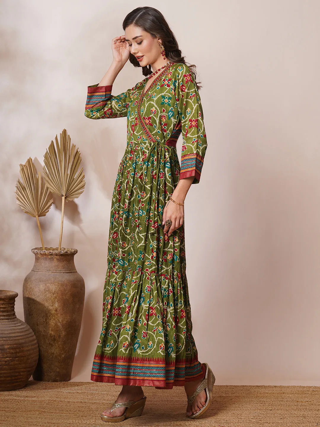 Ethnic Floral Printed & Embroidered A-Line Pleated Maxi Dress - Green