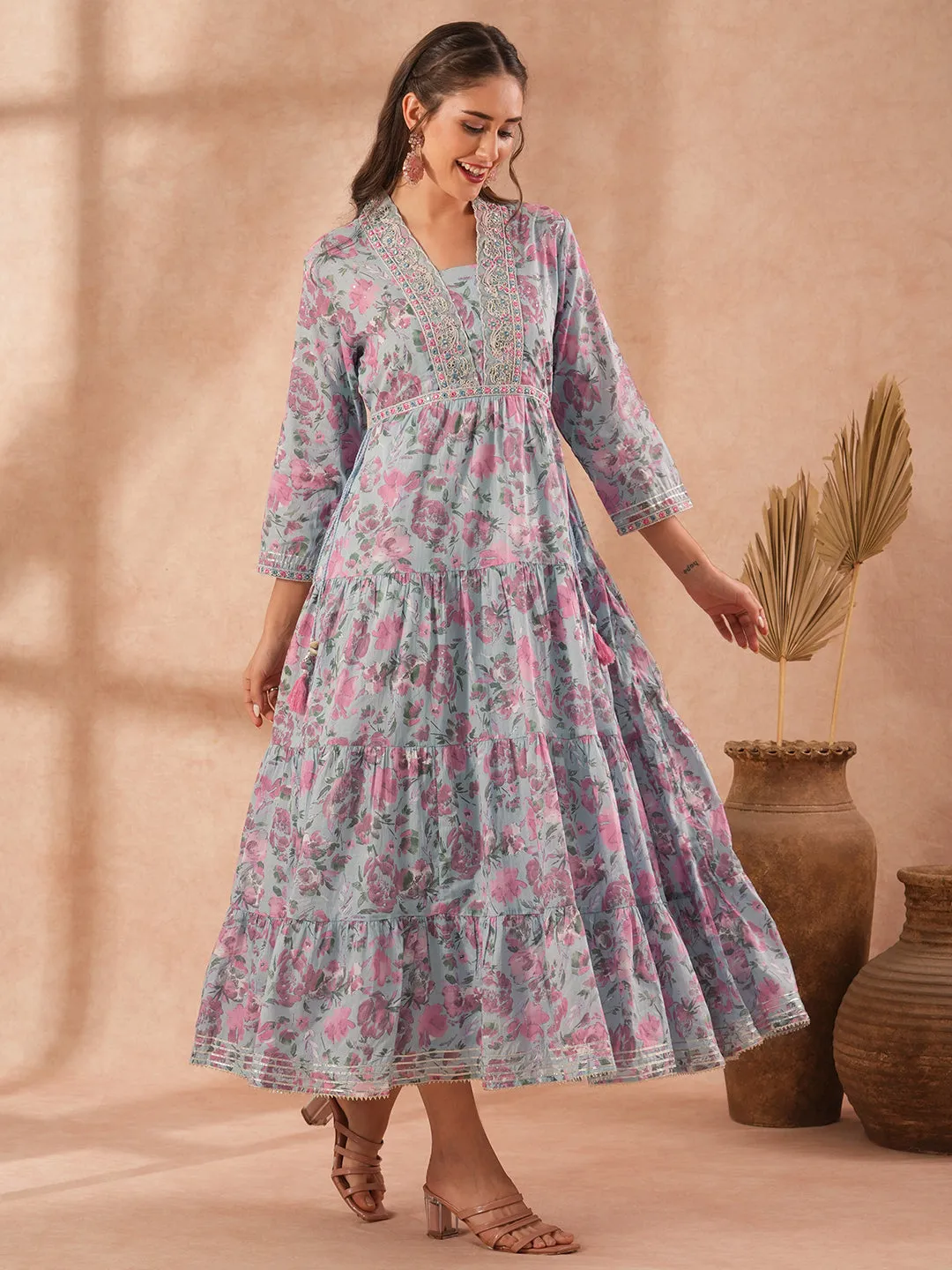 Ethnic Floral Printed & Embroidered A-Line Pleated Tiered Maxi Dress - Light Blue