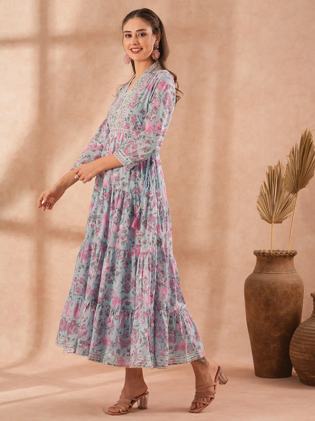 Ethnic Floral Printed & Embroidered A-Line Pleated Tiered Maxi Dress - Light Blue