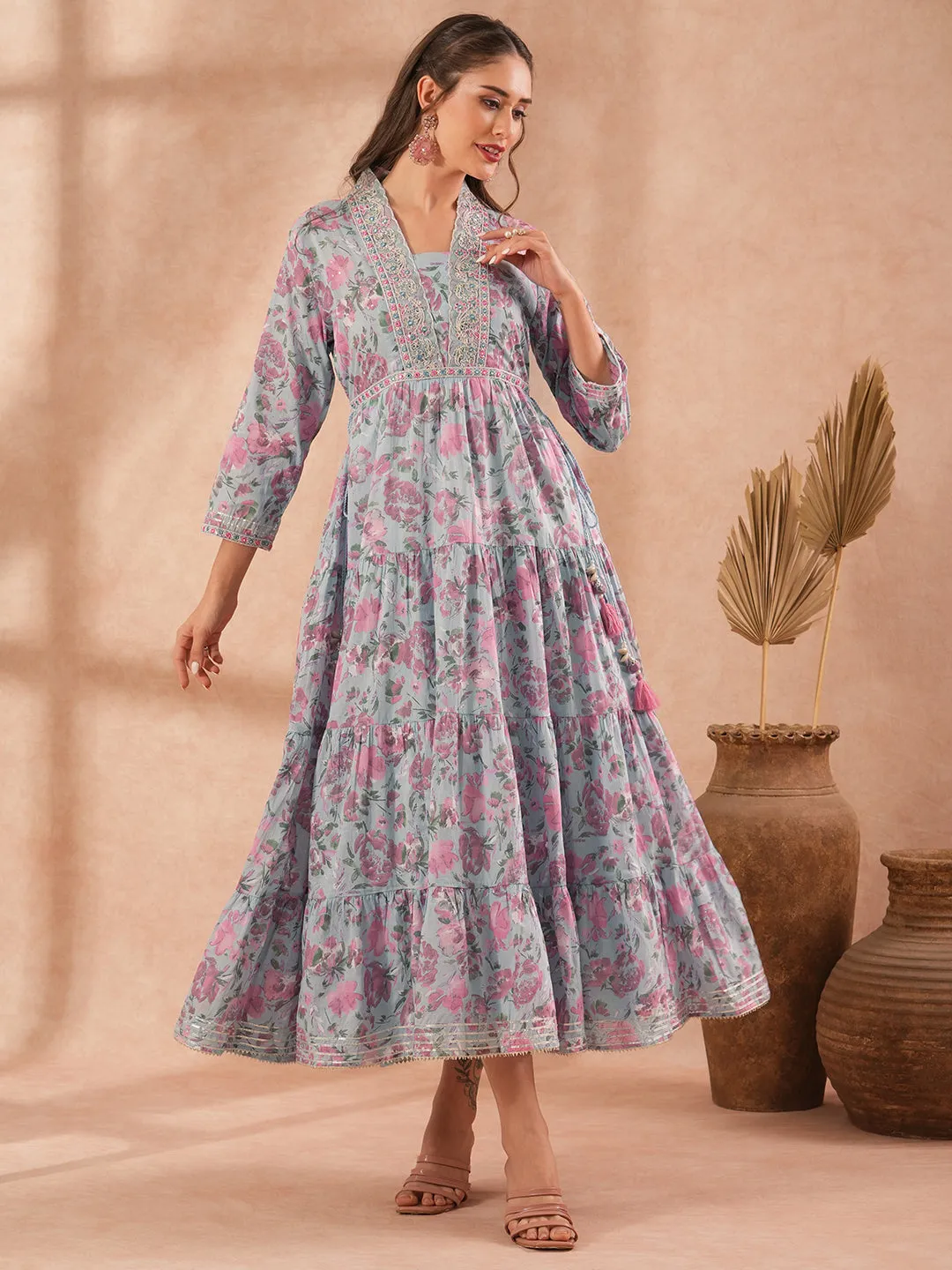 Ethnic Floral Printed & Embroidered A-Line Pleated Tiered Maxi Dress - Light Blue