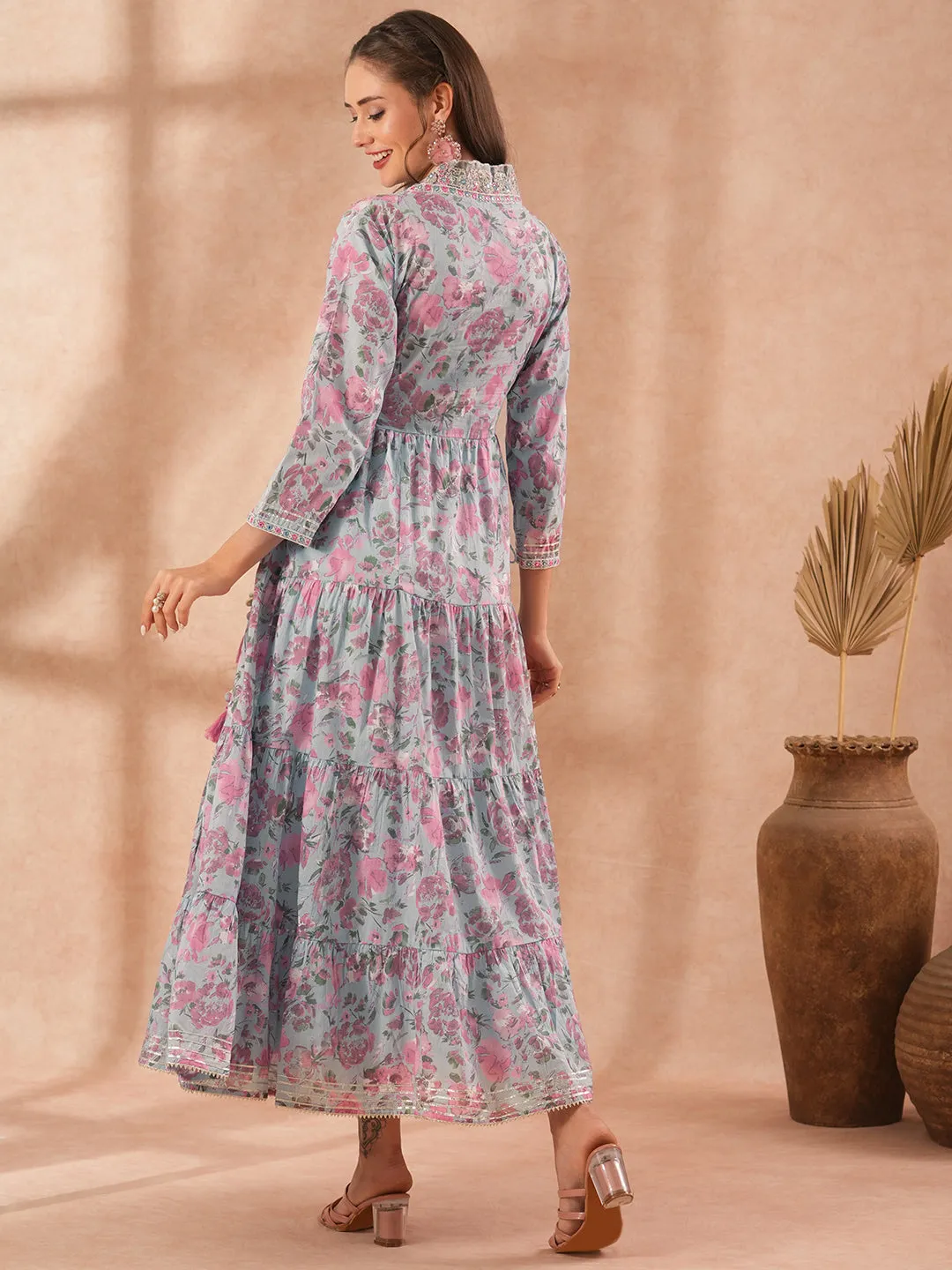 Ethnic Floral Printed & Embroidered A-Line Pleated Tiered Maxi Dress - Light Blue