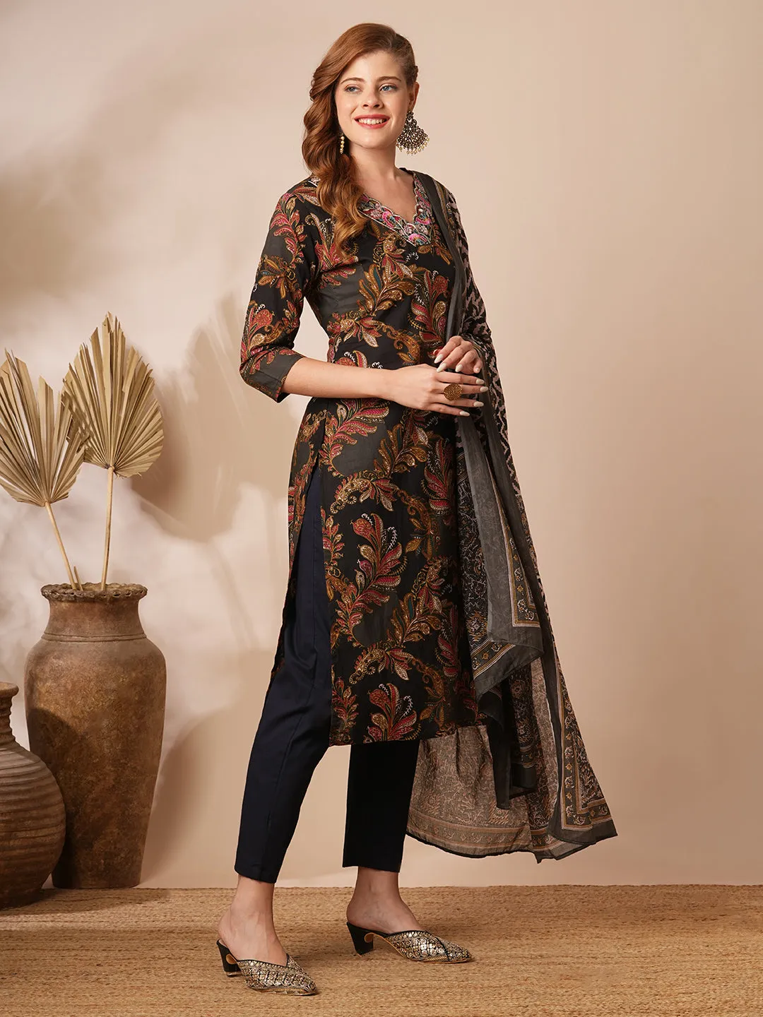 Ethnic Floral Printed & Embroidered Straight Fit Kurta with Pant & Dupatta - Black