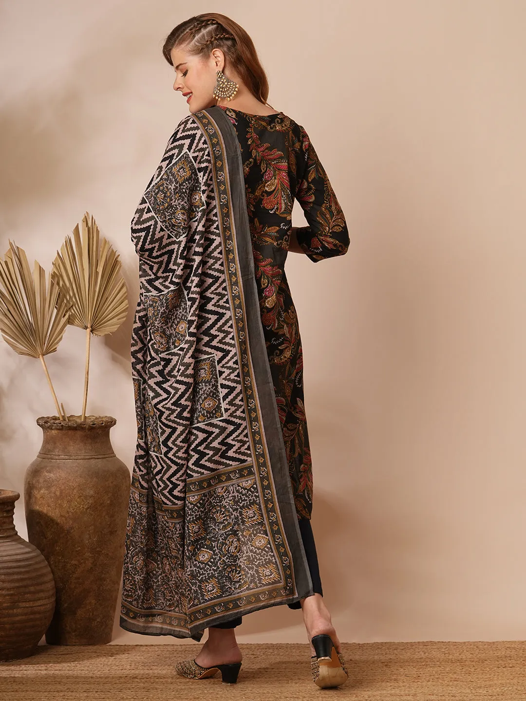 Ethnic Floral Printed & Embroidered Straight Fit Kurta with Pant & Dupatta - Black