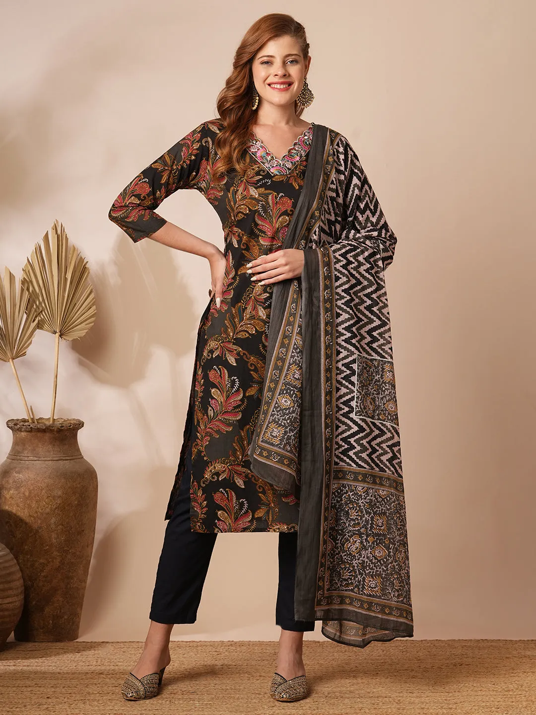 Ethnic Floral Printed & Embroidered Straight Fit Kurta with Pant & Dupatta - Black