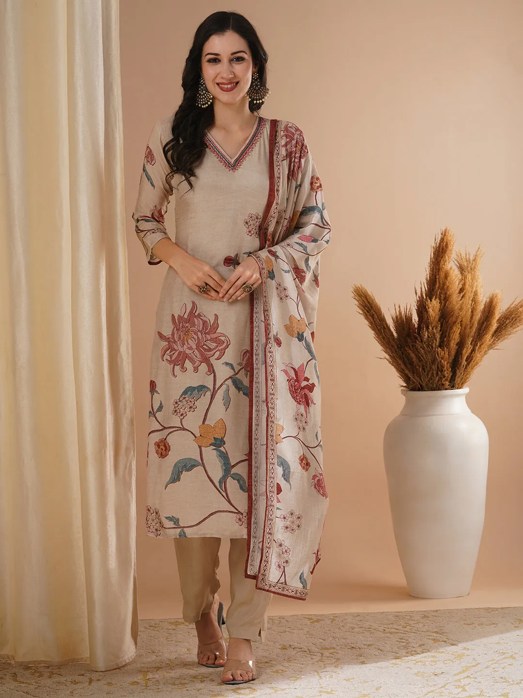 Ethnic Floral Printed & Embroidered Straight Fit Kurta with Pant and Dupatta - Beige