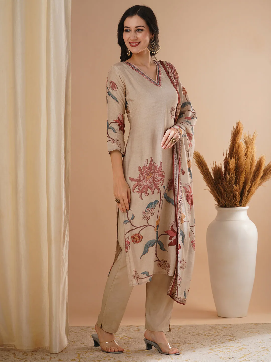 Ethnic Floral Printed & Embroidered Straight Fit Kurta with Pant and Dupatta - Beige