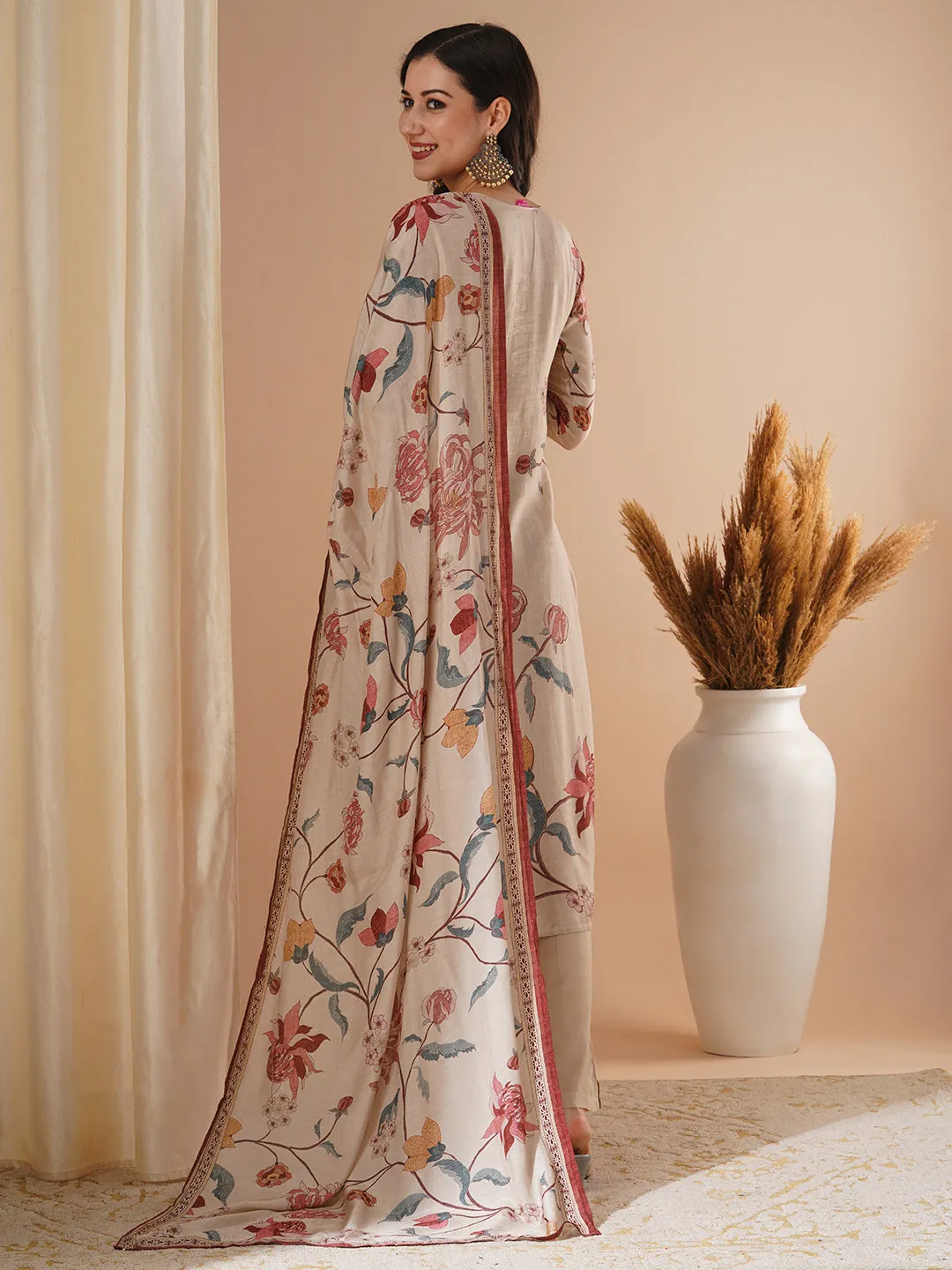 Ethnic Floral Printed & Embroidered Straight Fit Kurta with Pant and Dupatta - Beige