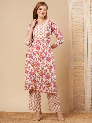 Ethnic Floral Printed & Embroidered Straight Fit Kurta with Pant - Off White