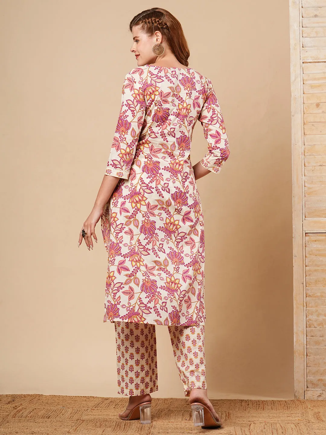 Ethnic Floral Printed & Embroidered Straight Fit Kurta with Pant - Off White