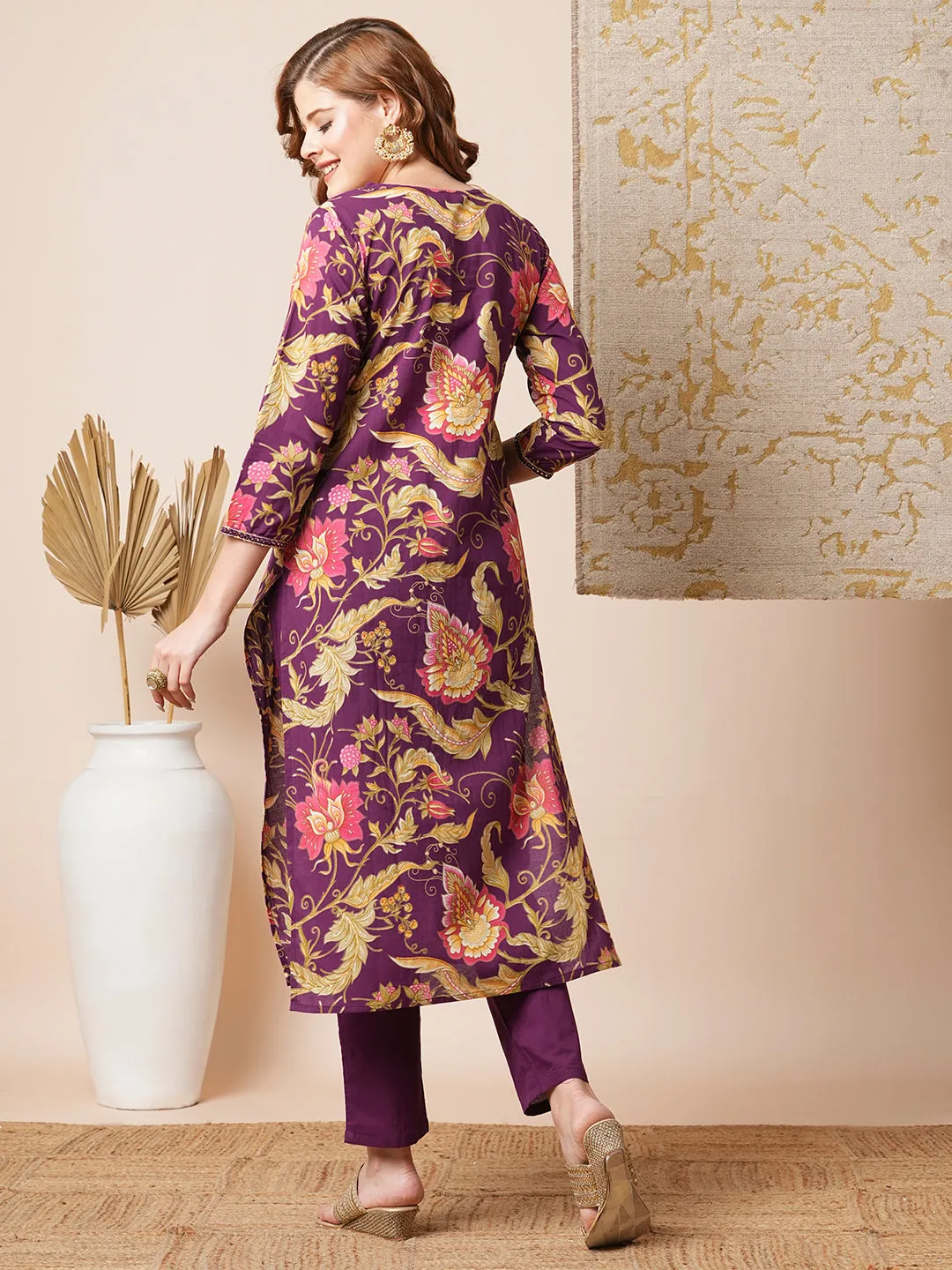 Ethnic Floral Printed & Embroidered Straight Fit Kurta with Pant - Purple