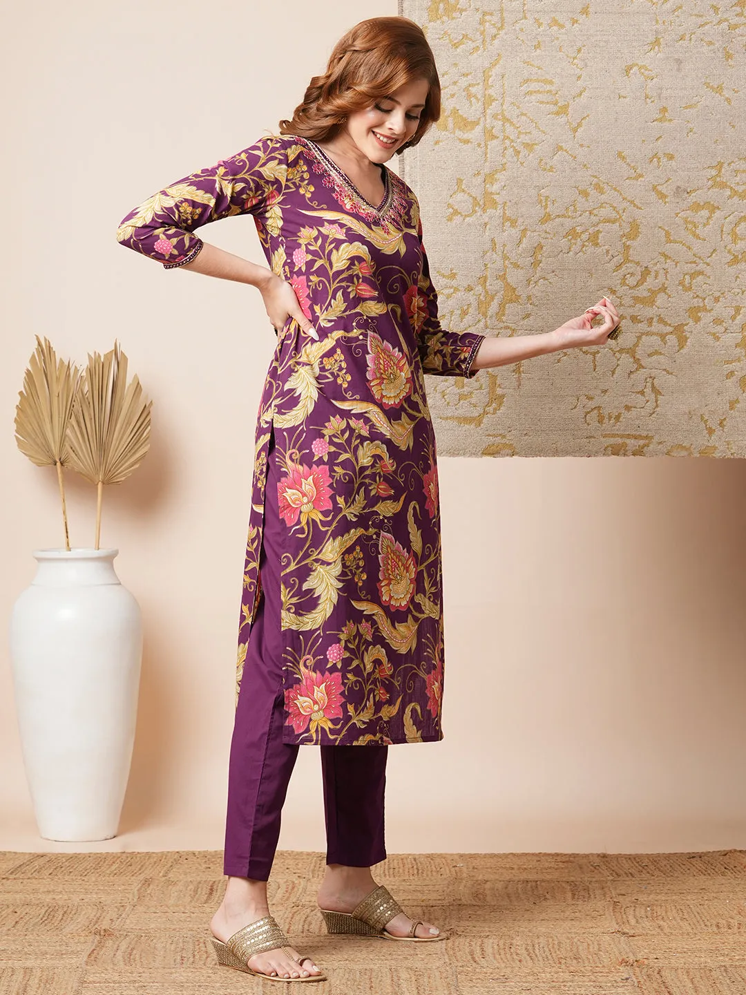 Ethnic Floral Printed & Embroidered Straight Fit Kurta with Pant - Purple