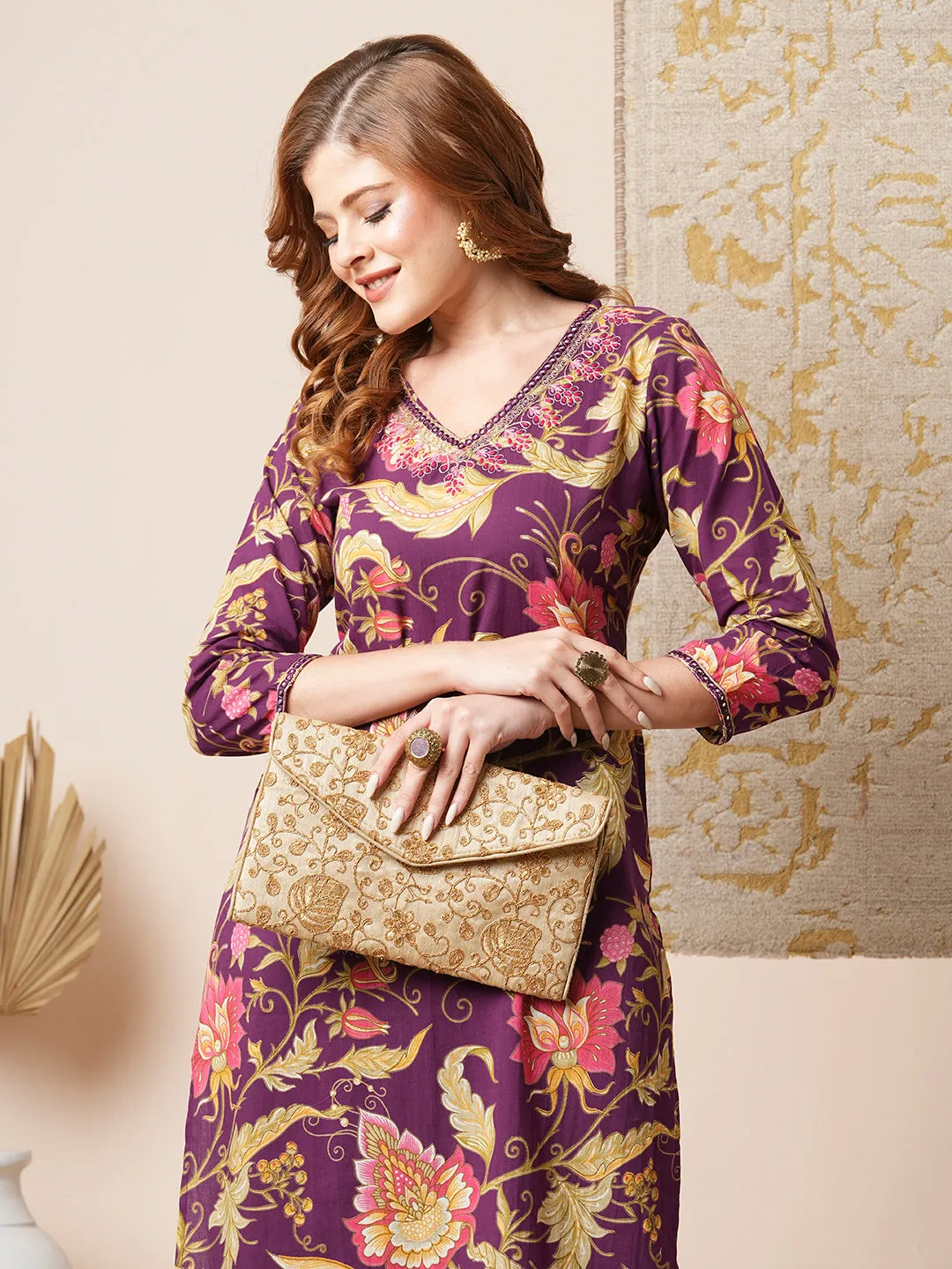 Ethnic Floral Printed & Embroidered Straight Fit Kurta with Pant - Purple