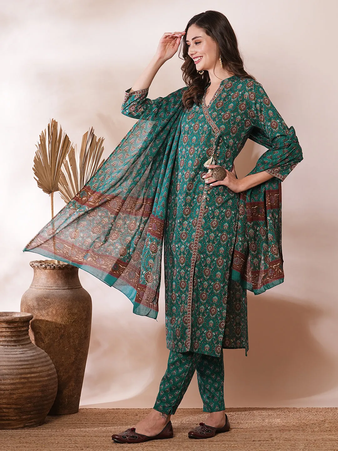 Ethnic Floral Printed & Embroidered Straight Kurta with Pant & Dupatta - Teal Green