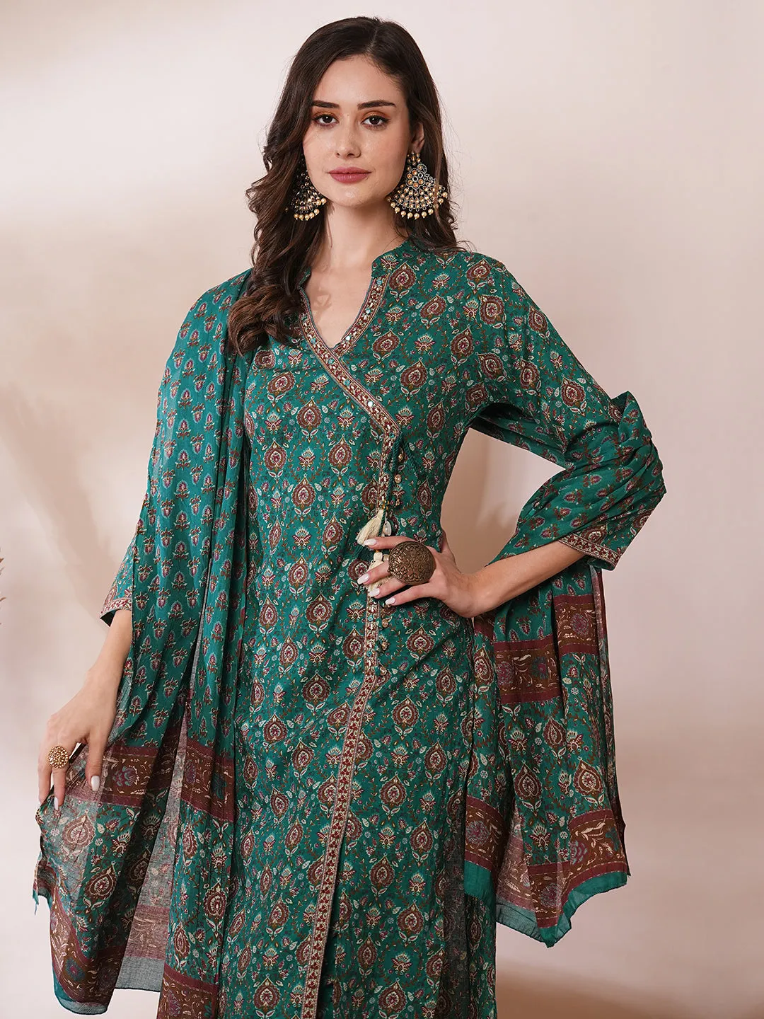 Ethnic Floral Printed & Embroidered Straight Kurta with Pant & Dupatta - Teal Green