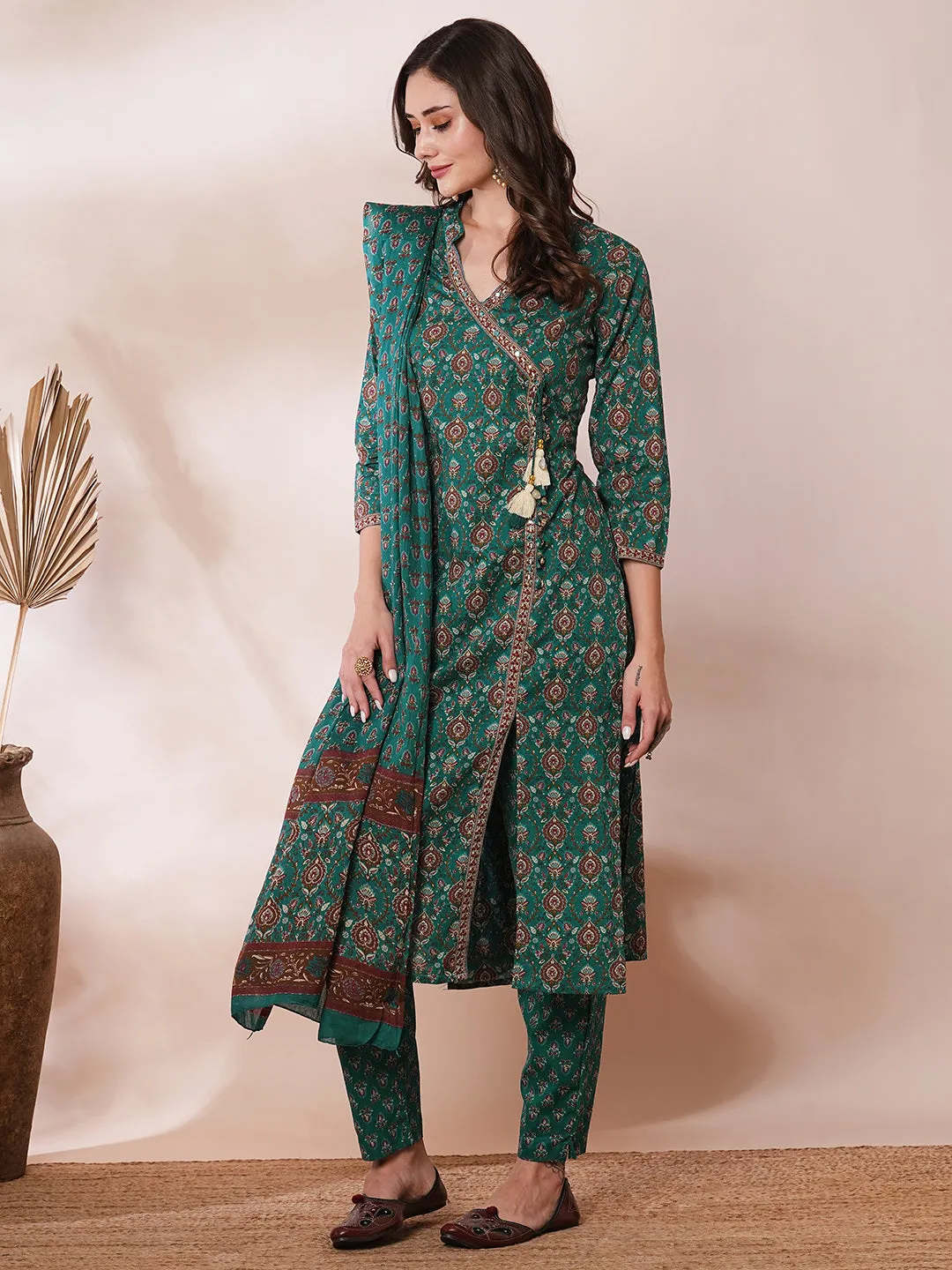 Ethnic Floral Printed & Embroidered Straight Kurta with Pant & Dupatta - Teal Green