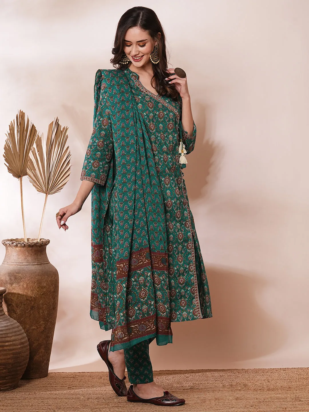 Ethnic Floral Printed & Embroidered Straight Kurta with Pant & Dupatta - Teal Green