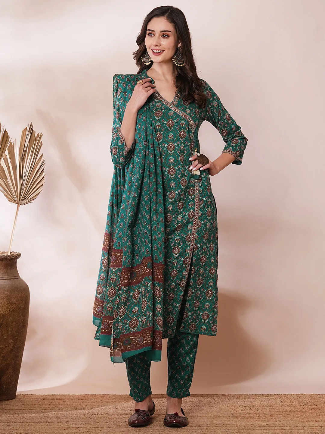 Ethnic Floral Printed & Embroidered Straight Kurta with Pant & Dupatta - Teal Green