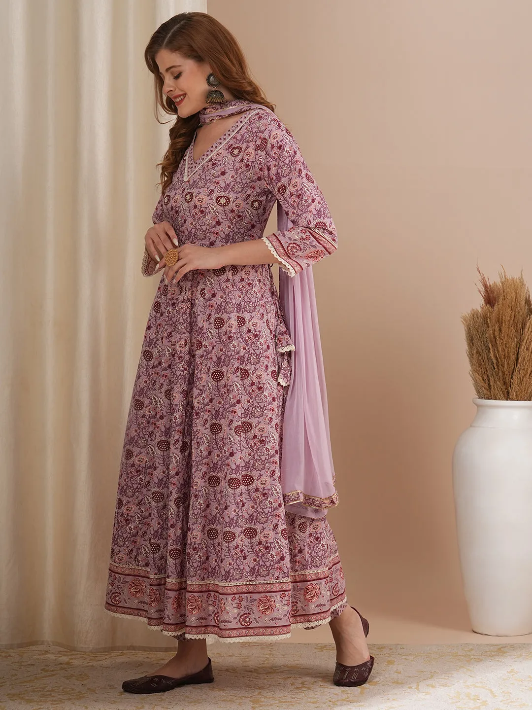 Ethnic Floral Printed & Hand Embroidered Anarkali Kurta with Pant & Dupatta - Lavender