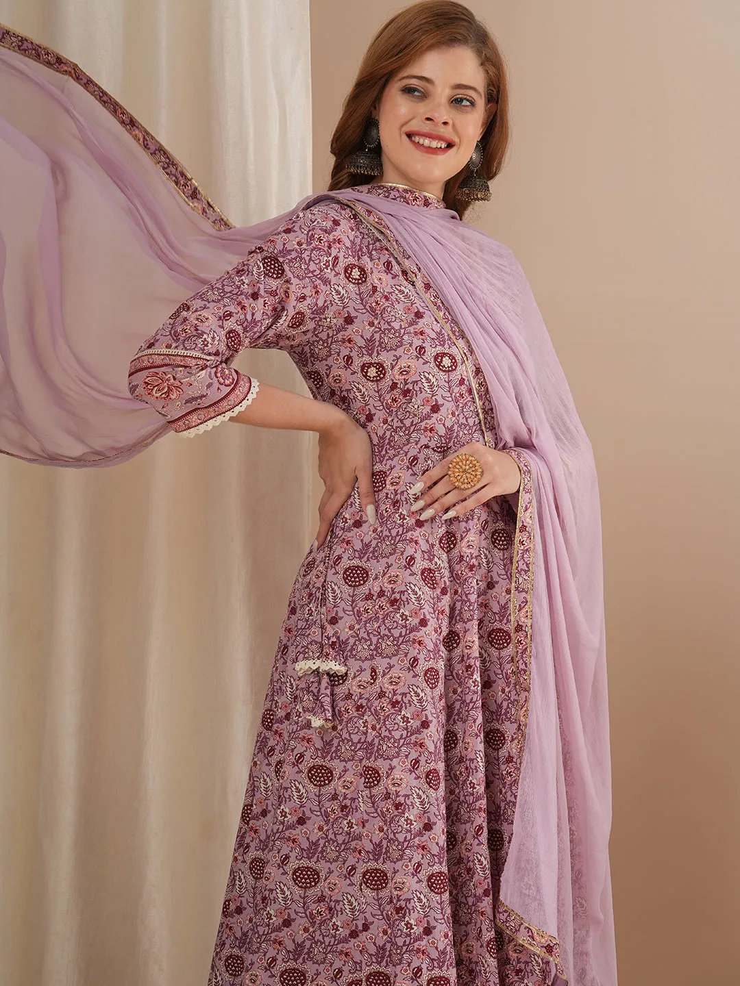 Ethnic Floral Printed & Hand Embroidered Anarkali Kurta with Pant & Dupatta - Lavender