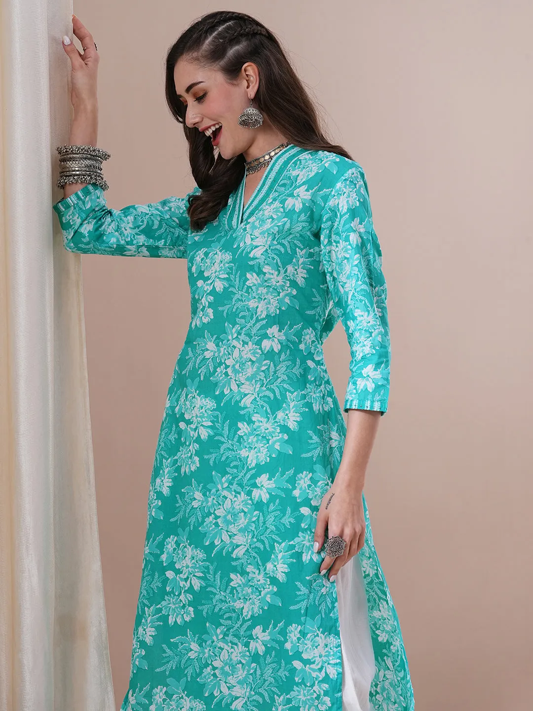 Ethnic Floral Printed & Sequin Embroidered Straight Fit Kurta - Sea Green