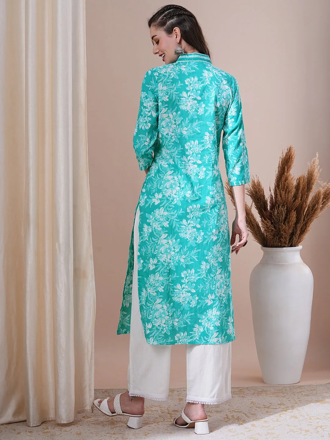 Ethnic Floral Printed & Sequin Embroidered Straight Fit Kurta - Sea Green