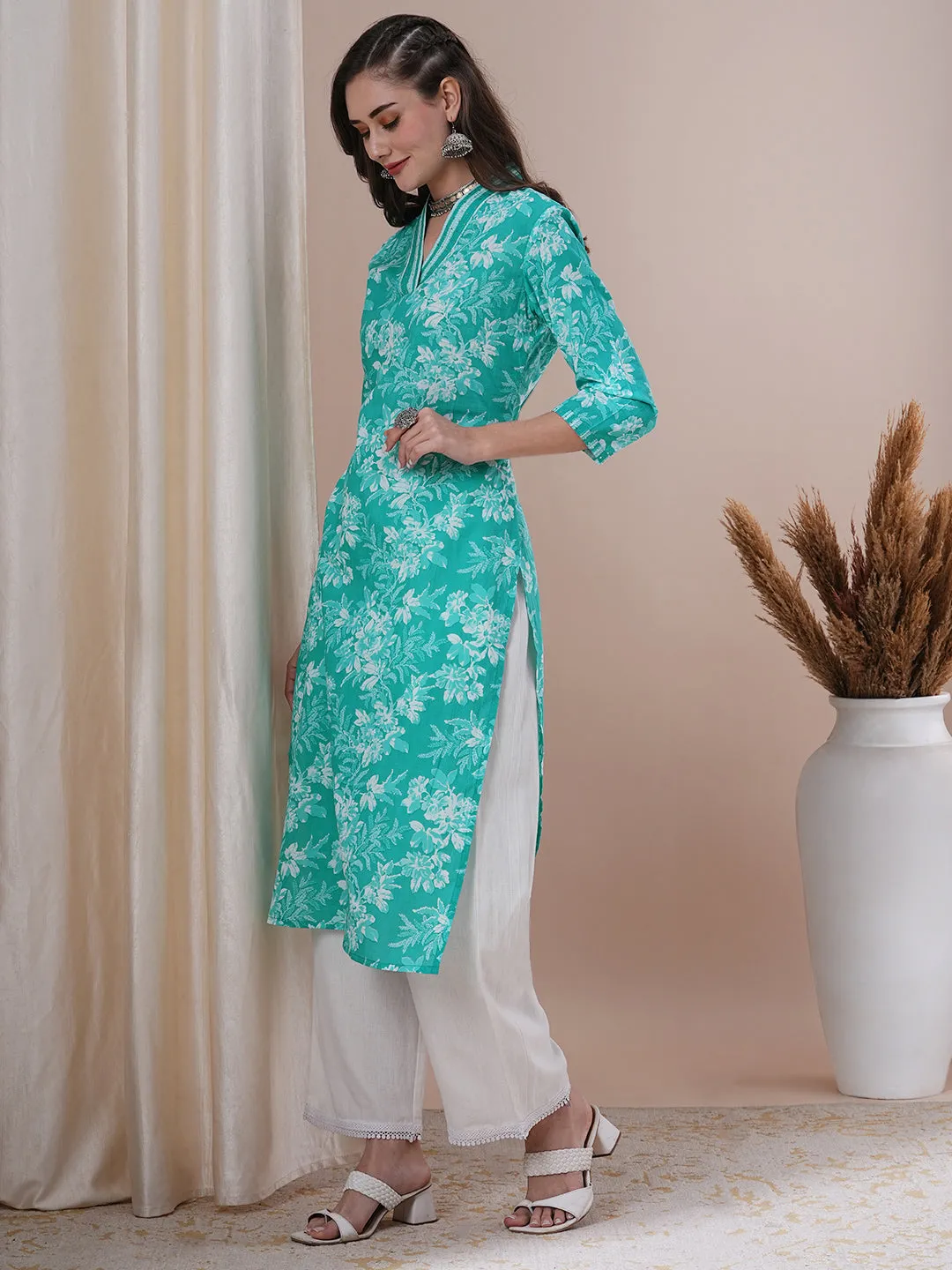 Ethnic Floral Printed & Sequin Embroidered Straight Fit Kurta - Sea Green