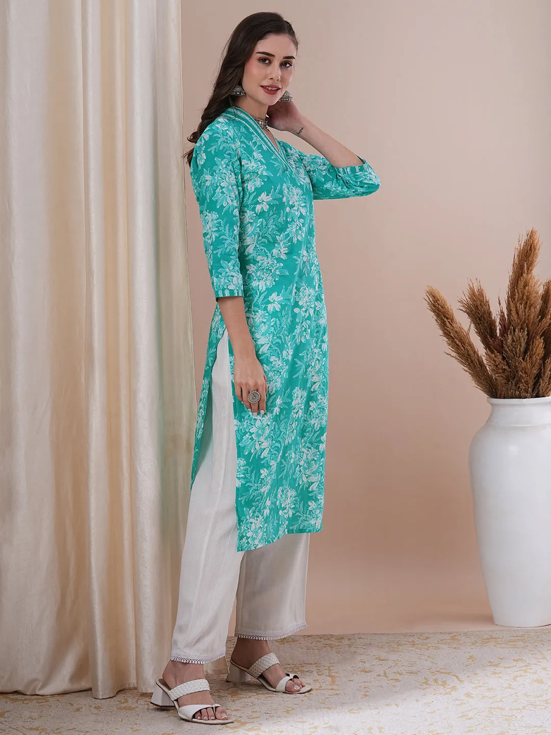 Ethnic Floral Printed & Sequin Embroidered Straight Fit Kurta - Sea Green