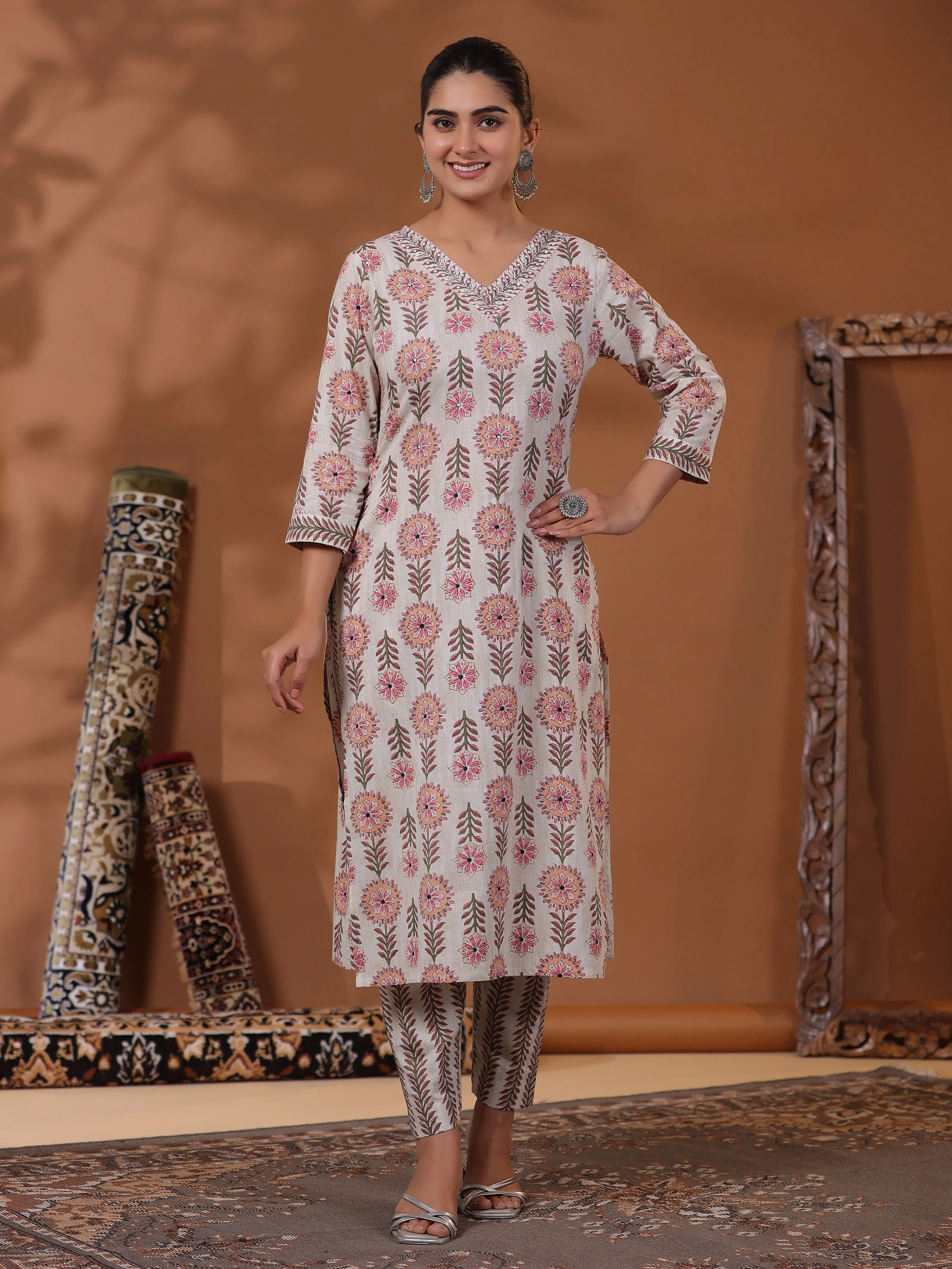 Ethnic Floral Printed & Sequined Straight Kurta and Pant - Off White