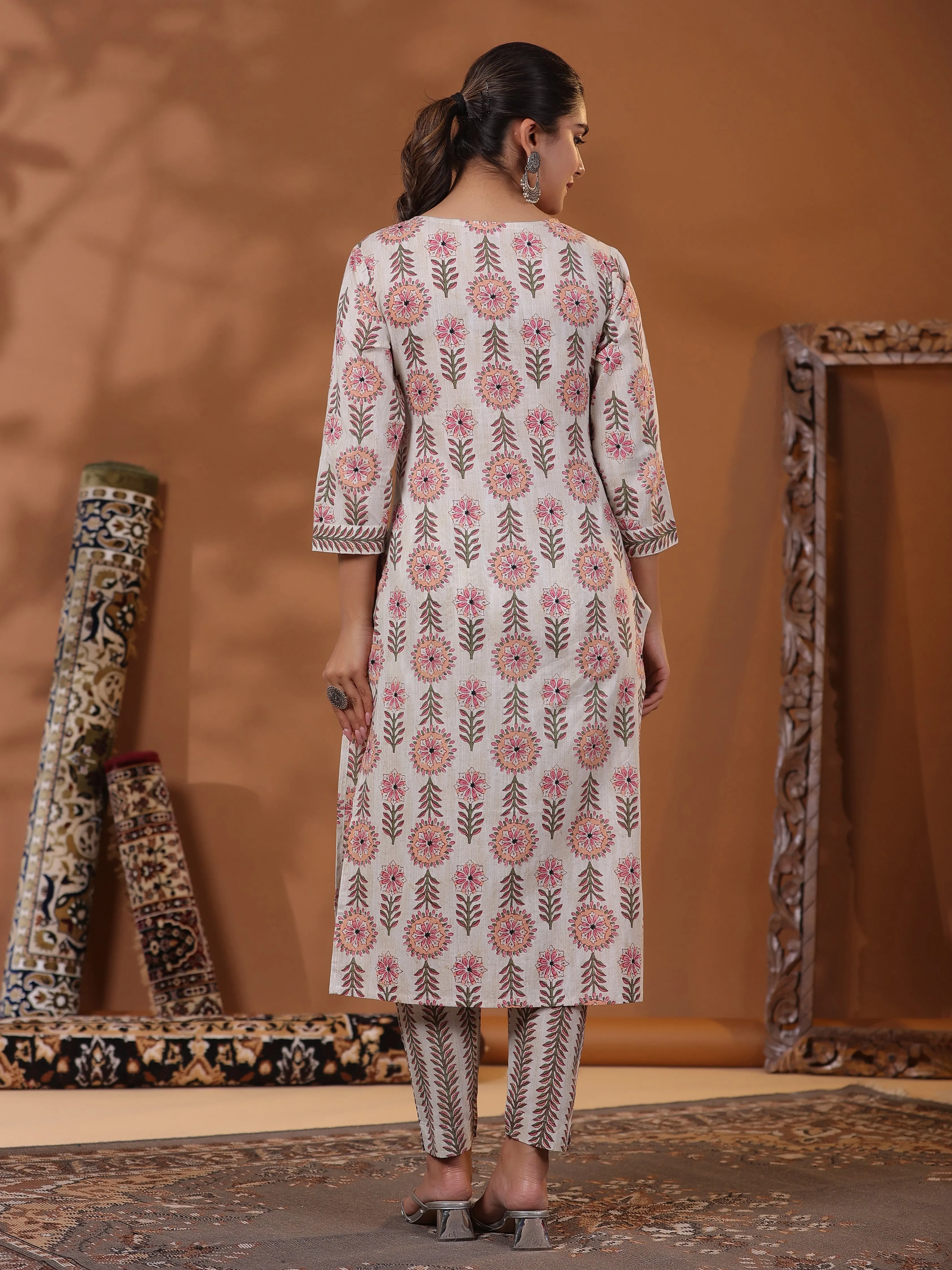 Ethnic Floral Printed & Sequined Straight Kurta and Pant - Off White