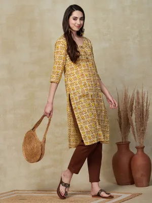 Ethnic Floral Printed & Zari Embroidered Straight Fit Kurta - Yellow