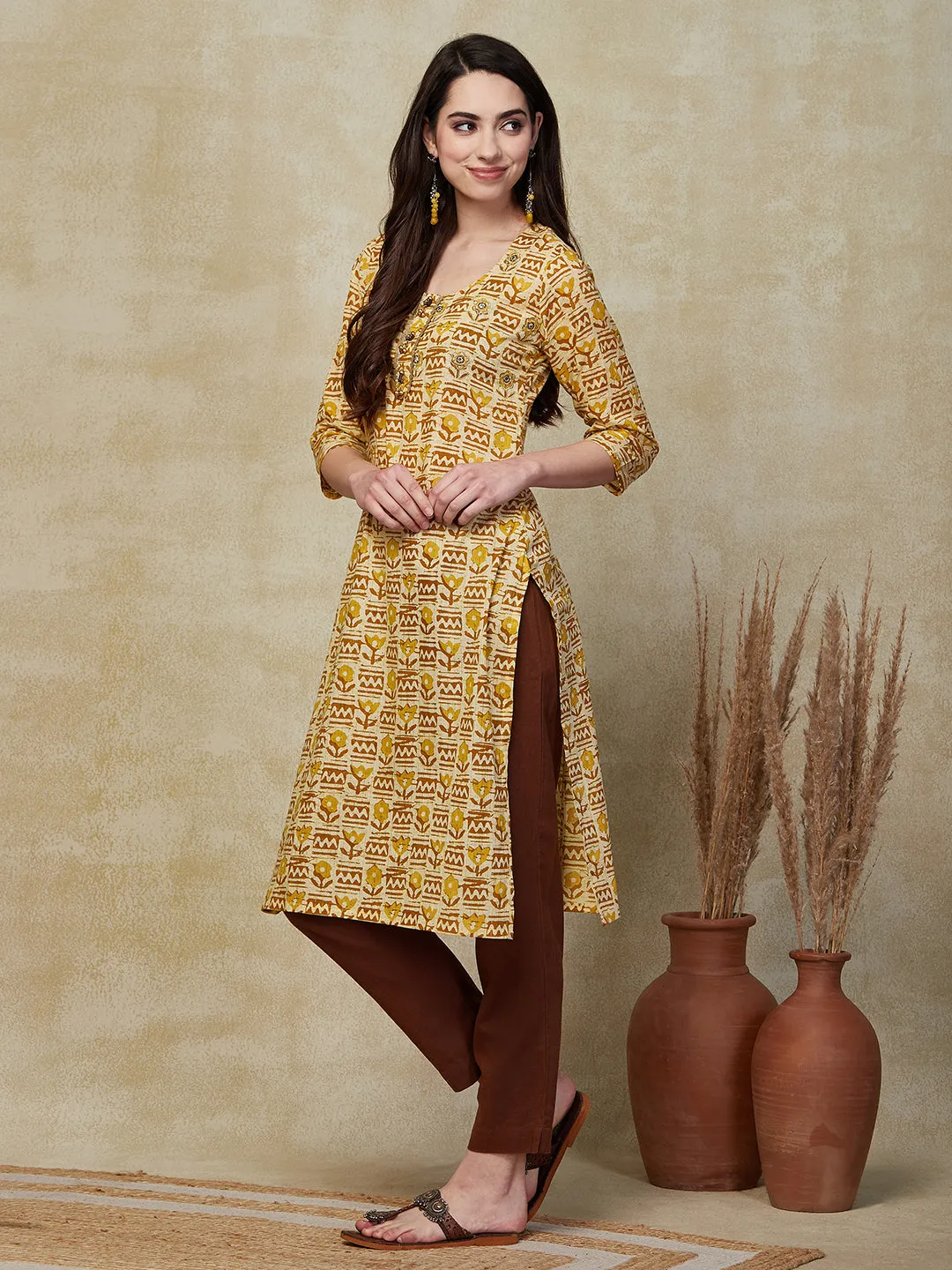 Ethnic Floral Printed & Zari Embroidered Straight Fit Kurta - Yellow