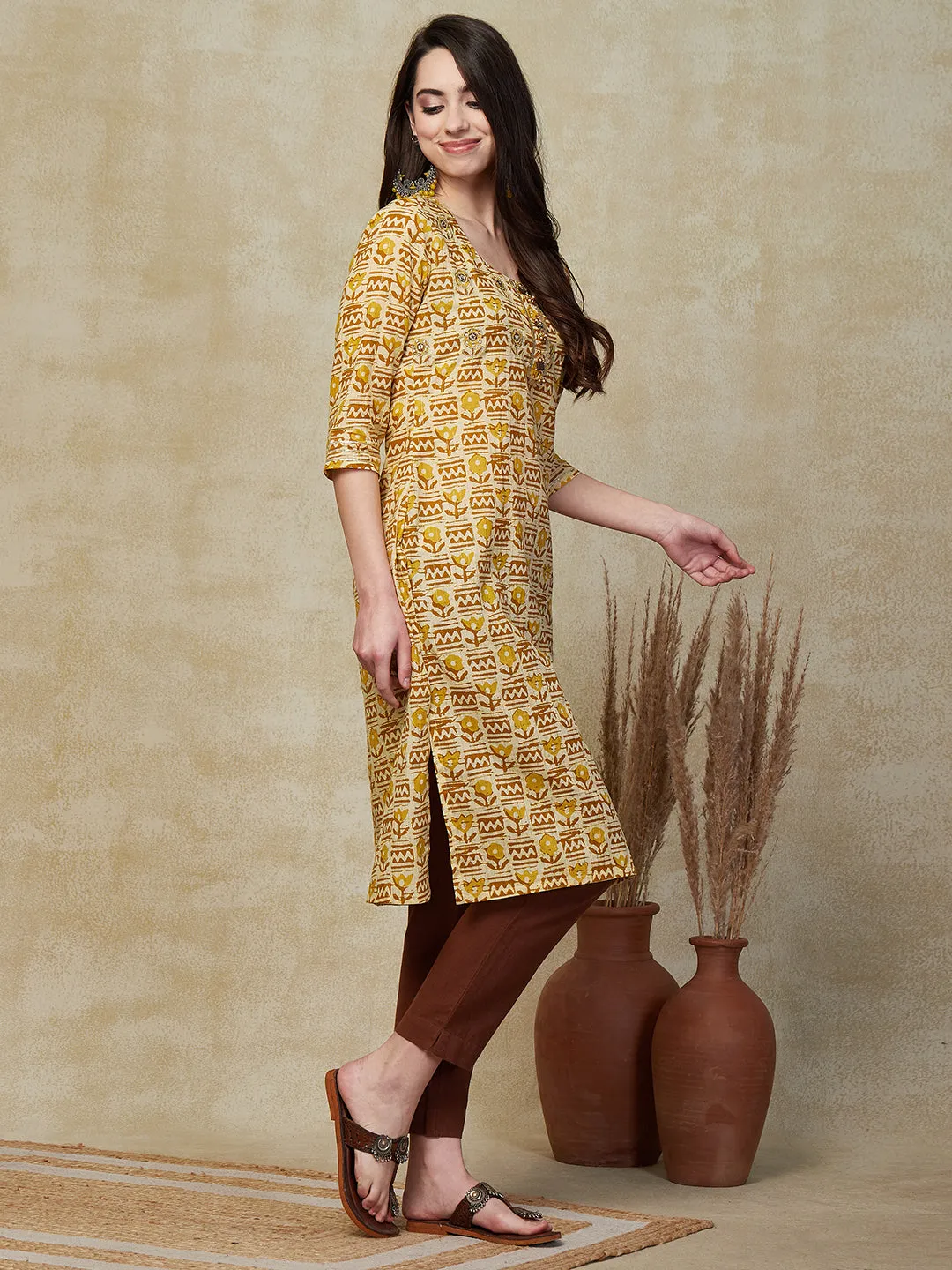 Ethnic Floral Printed & Zari Embroidered Straight Fit Kurta - Yellow