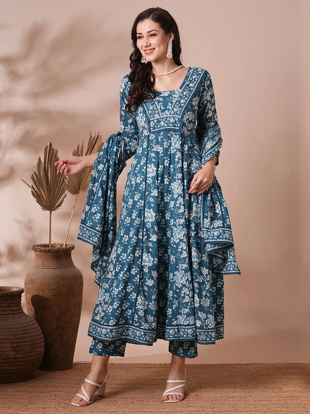 Ethnic Floral Printed Embroidered Anarkali Flared Kurta with Pant and Dupatta - Blue