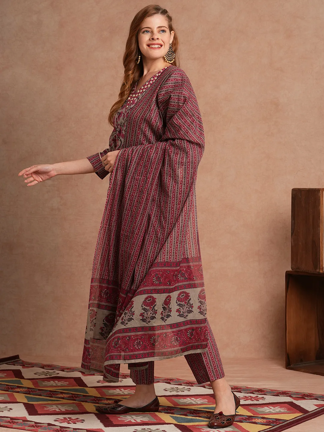 Ethnic Floral Printed Embroidered Straight Fit Kurta with Pant and Dupatta - Multi