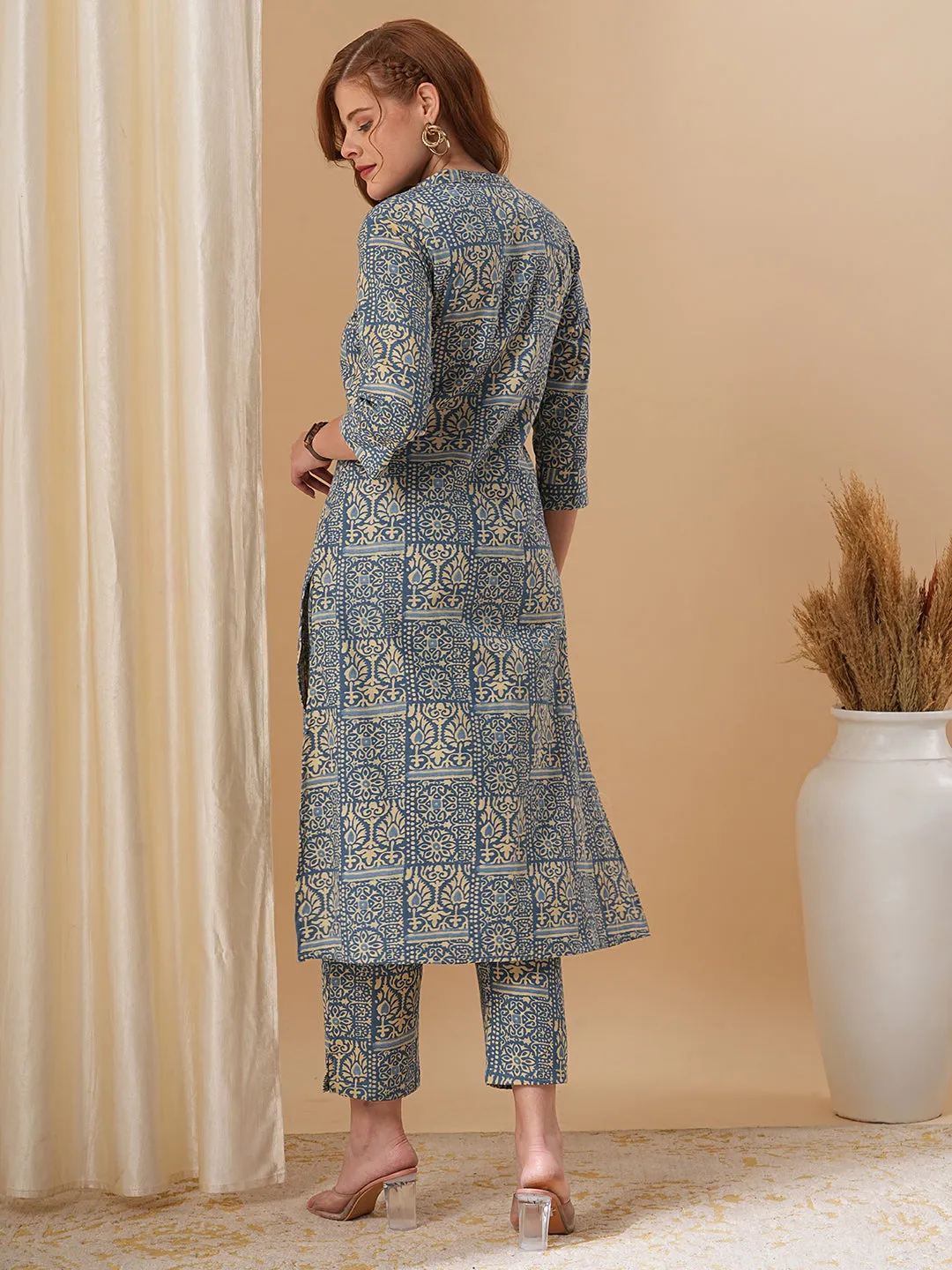 Ethnic Floral Printed Pin Tucked A-Line Co-ord Set - Blue